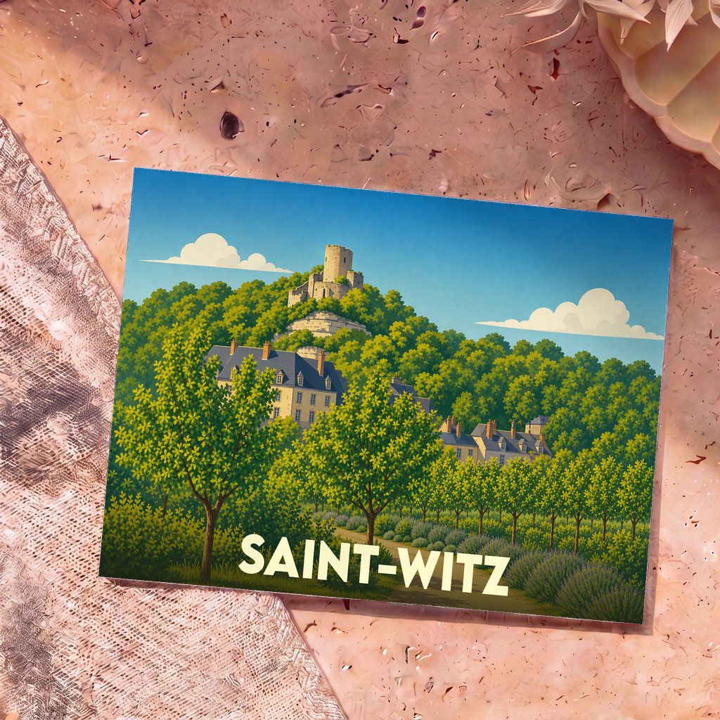 Carte postale souvenir de la ville de Saint-Witz avec une illustration stylisée d'un château sur une colline boisée.
