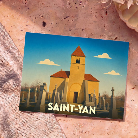 Carte postale souvenir de la ville de Saint-Yan avec une illustration stylisée de son église et de son cimetière.