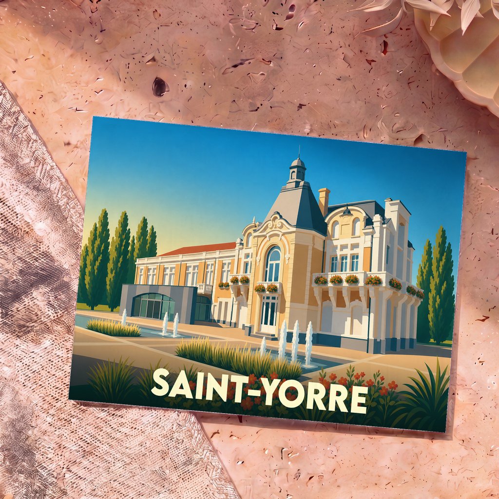 Carte postale souvenir de la ville de Saint-Yorre avec une illustration stylisée d'un bâtiment thermal et de ses fontaines.