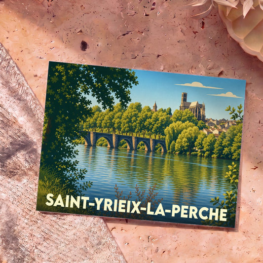 Carte postale souvenir de la ville de Saint-Yrieix-la-Perche avec une illustration stylisée d'un pont et d'une église au bord de l'eau.
