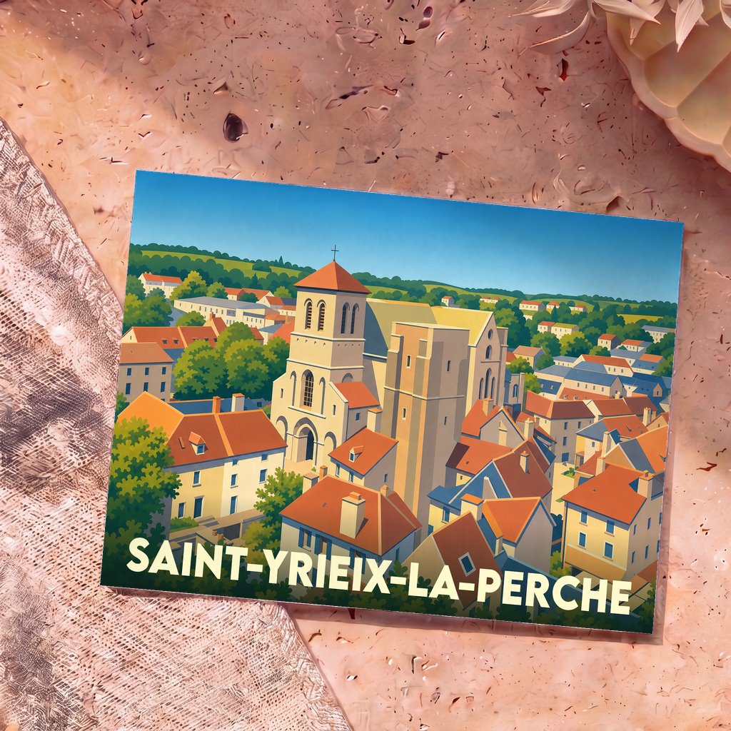 Carte postale souvenir de Saint-Yrieix-la-Perche avec une illustration stylisée du centre historique et de sa collégiale.