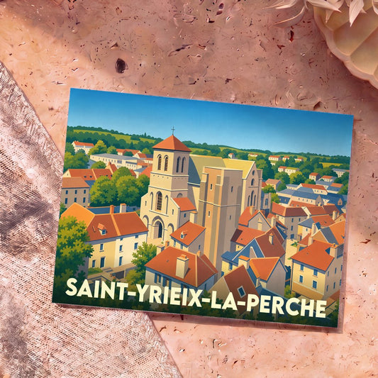 Carte postale souvenir de Saint-Yrieix-la-Perche avec une illustration stylisée du centre historique et de sa collégiale.