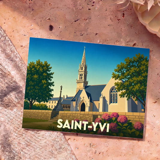 Carte postale souvenir de la ville de Saint-Yvi avec une illustration stylisée de son église et de son calvaire.
