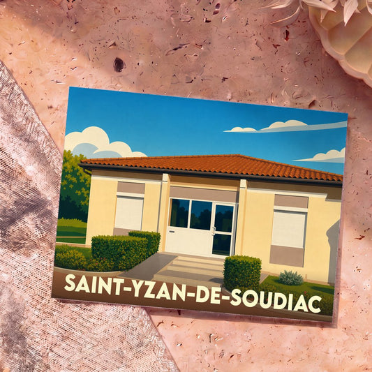 Carte postale souvenir de la ville de Saint-Yzan-de-Soudiac avec une illustration stylisée.