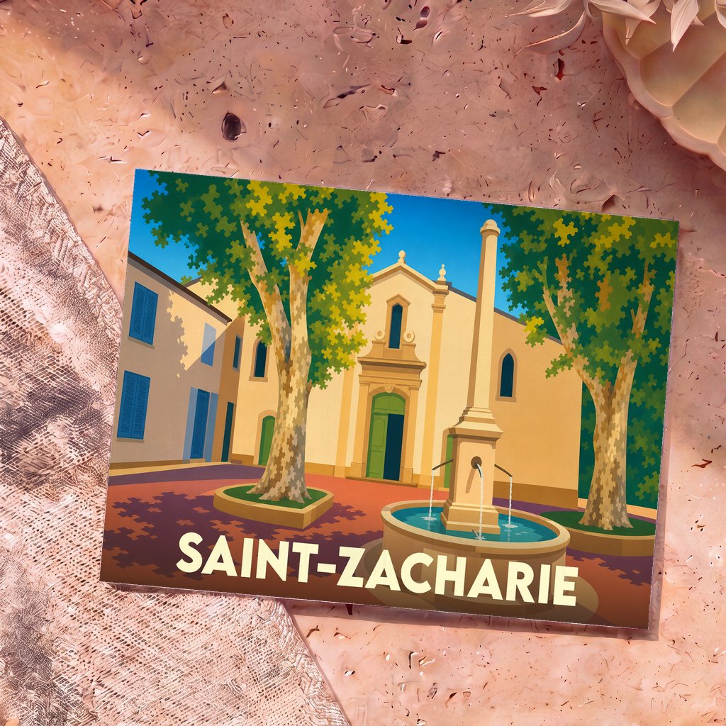 Carte postale souvenir de la ville de Saint-Zacharie avec une illustration stylisée d'une place ensoleillée.