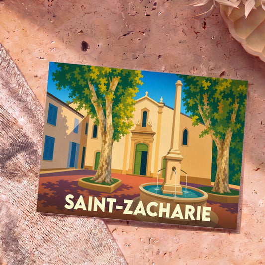 Carte postale souvenir de la ville de Saint-Zacharie avec une illustration stylisée d'une place ensoleillée.