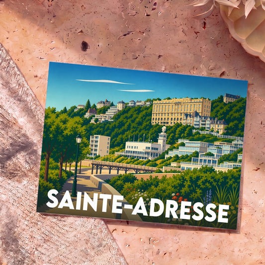 Carte postale souvenir de la ville de Sainte-Adresse avec une illustration stylisée et colorée du front de mer.