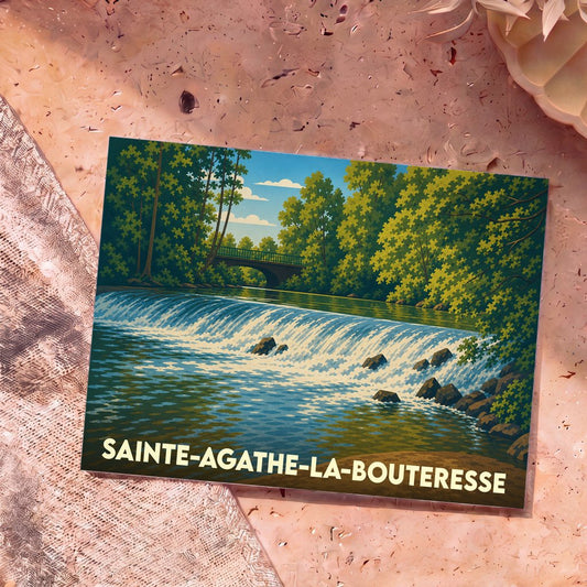 Carte postale souvenir de la ville de Sainte-Agathe-la-Bouteresse illustrant une cascade et un pont dans un style graphique épuré.