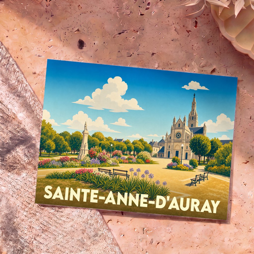 Carte postale souvenir de la ville de Sainte-Anne-d'Auray avec une illustration stylisée de sa basilique et de ses jardins.