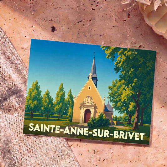 Carte postale souvenir de la ville de Sainte-Anne-sur-Brivet illustrant une église ensoleillée dans un style graphique épuré.
