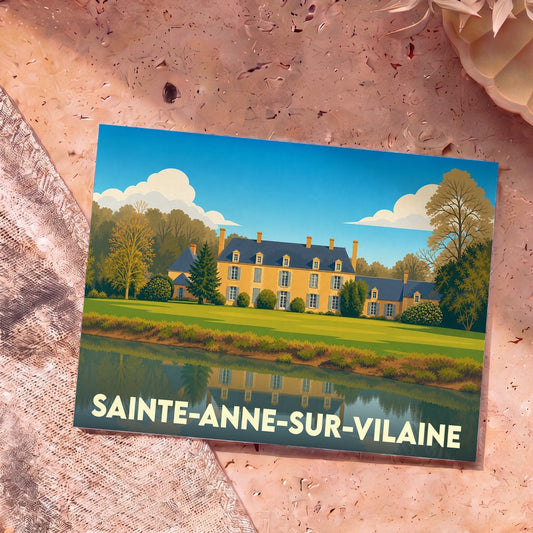 Carte postale souvenir de la ville de Sainte-Anne-sur-Vilaine avec une illustration stylisée d'un manoir au bord de l'eau.