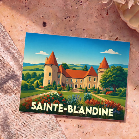 Carte postale souvenir de la ville de Sainte-Blandine avec une illustration stylisée d'un château.