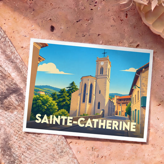 Carte postale souvenir de la ville de Sainte-Catherine avec une illustration stylisée de son église et de son clocher.