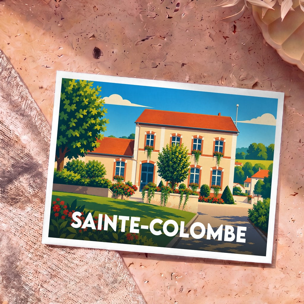 Carte postale souvenir de la ville de Sainte-Colombe avec une illustration colorée d'une demeure traditionnelle.