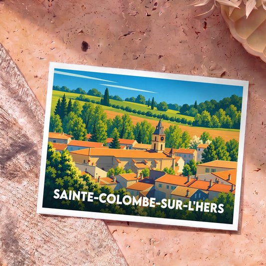 Carte postale souvenir de la ville de Sainte-Colombe-sur-l'Hers avec une illustration stylisée et colorée de ses toits et de son église.