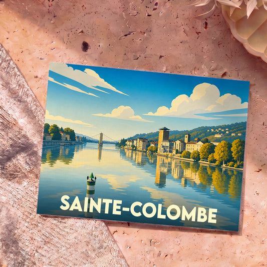 Carte postale souvenir de la ville de Sainte-Colombe avec une illustration stylisée des bords du Rhône.