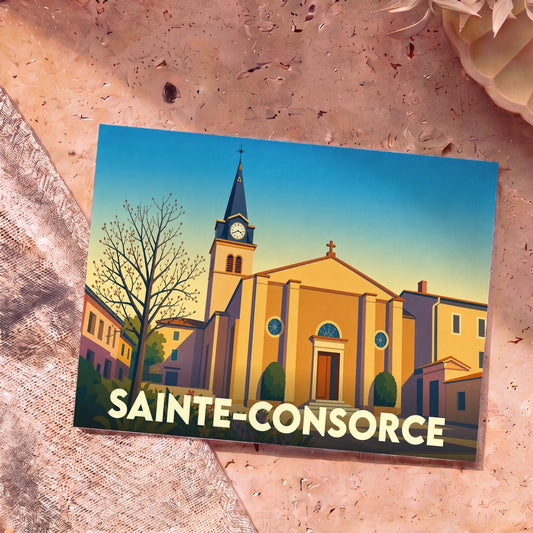 Carte postale souvenir de la ville de Sainte-Consorce avec une illustration stylisée de son église.