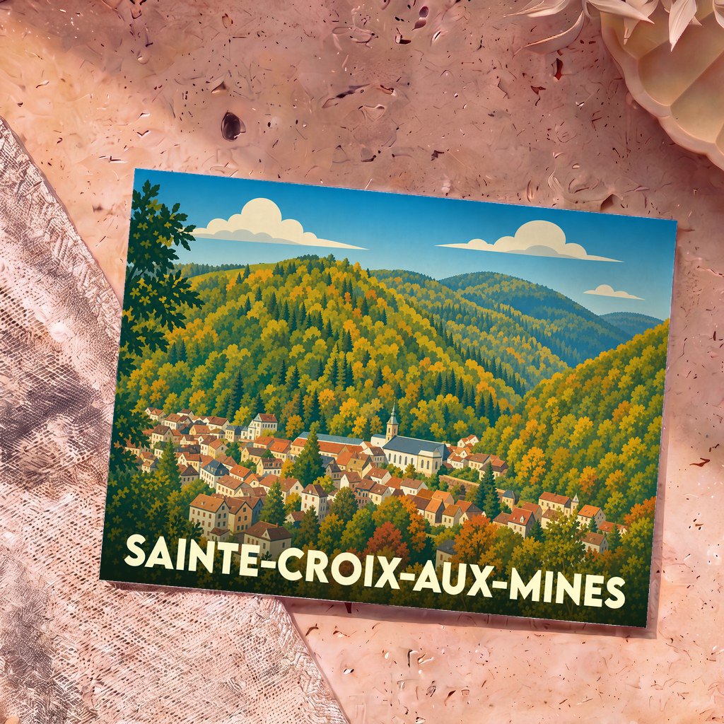 Carte postale souvenir de la ville de Sainte-Croix-aux-Mines avec une illustration stylisée d'un village dans une vallée boisée.