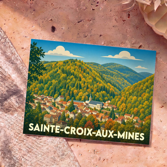 Carte postale souvenir de la ville de Sainte-Croix-aux-Mines avec une illustration stylisée d'un village dans une vallée boisée.