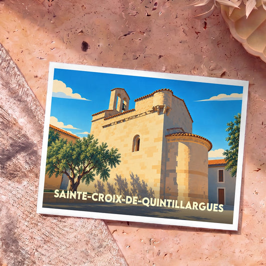Carte postale souvenir de la ville de Sainte-Croix-de-Quintillargues avec une illustration stylisée de son église romane.