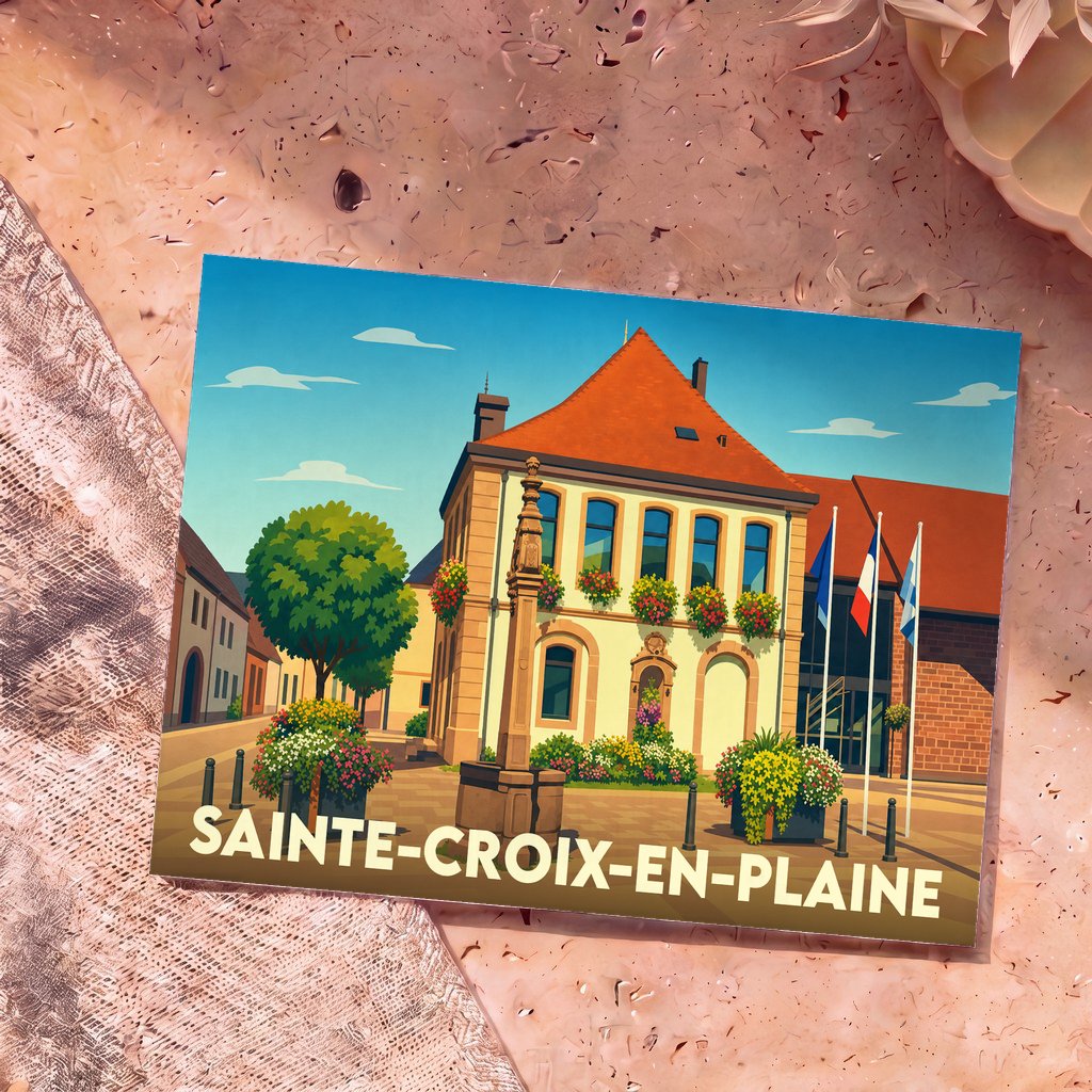Carte postale souvenir de la ville de Sainte-Croix-en-Plaine avec une illustration colorée et stylisée de sa mairie.