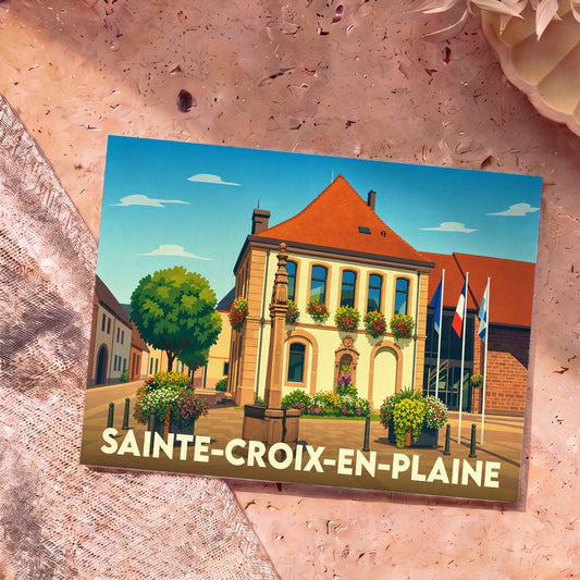 Carte postale souvenir de la ville de Sainte-Croix-en-Plaine avec une illustration colorée et stylisée de sa mairie.