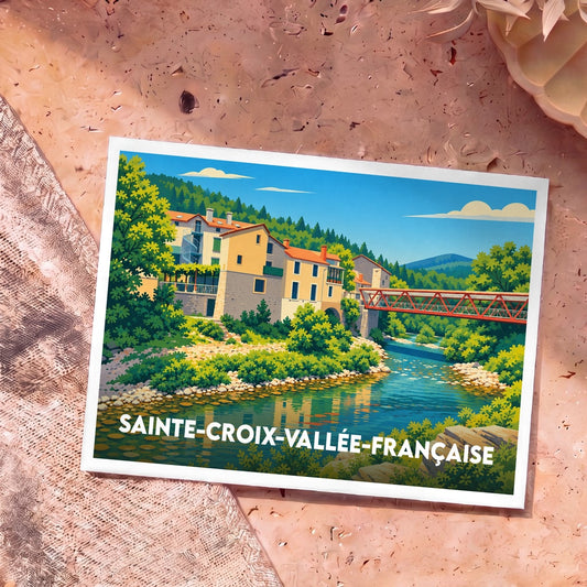 Carte postale souvenir de la ville de Sainte-Croix-Vallée-Française avec une illustration stylisée d'un village en bord de rivière.