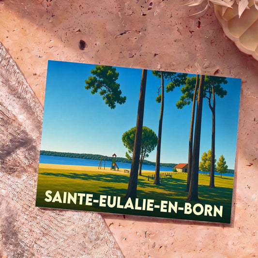 Carte postale souvenir de la ville de Sainte-Eulalie-en-Born avec une illustration stylisée d'un lac bordé de pins.