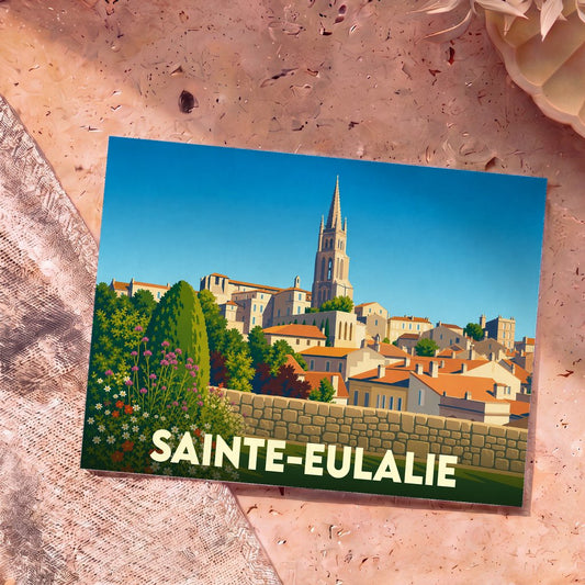 Carte postale souvenir de la ville de Sainte-Eulalie avec une illustration stylisée.