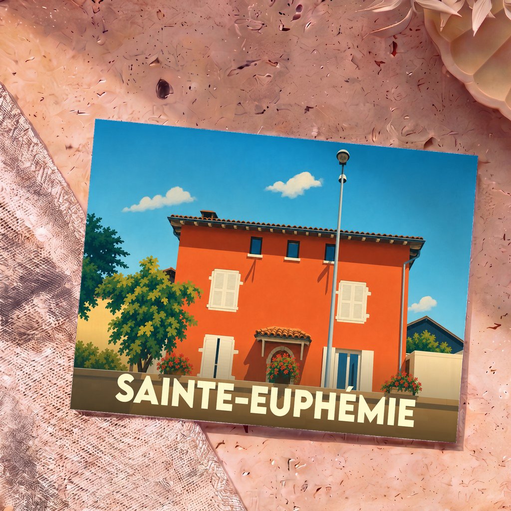 Carte postale souvenir de la ville de Sainte-Euphémie avec une illustration stylisée d'une maison orange sous un ciel bleu.