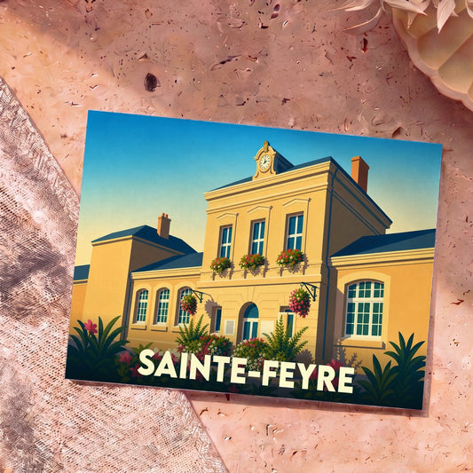 Carte postale souvenir de la ville de Sainte-Feyre illustrant l'hôtel de ville dans un style vintage coloré.