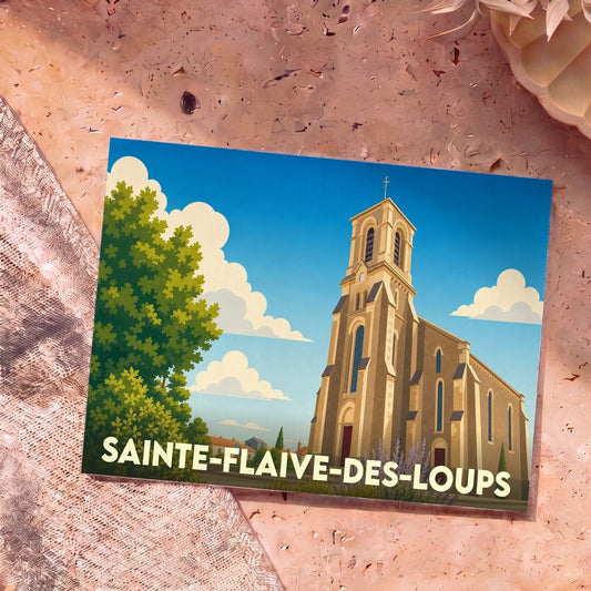 Carte postale souvenir de la ville de Sainte-Flaive-des-Loups avec une illustration stylisée de son église.