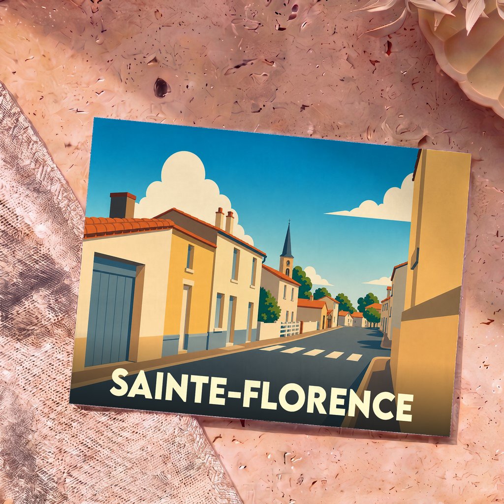 Carte postale souvenir de la ville de Sainte-Florence avec une illustration stylisée d'une rue ensoleillée.