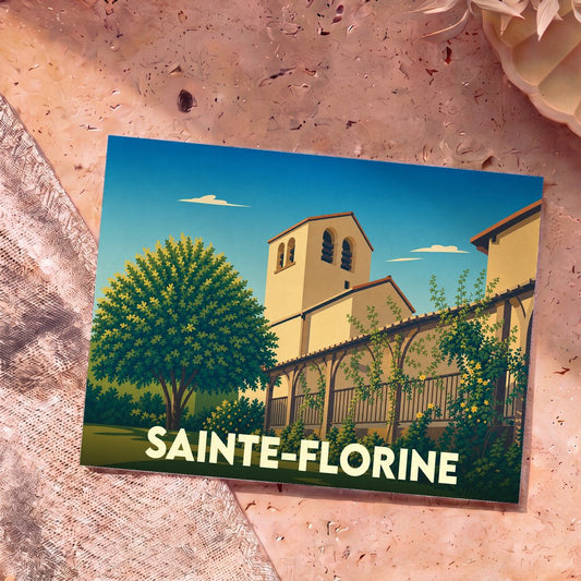 Carte postale souvenir de la ville de Sainte-Florine avec une illustration stylisée d'un bâtiment historique et d'un grand arbre.