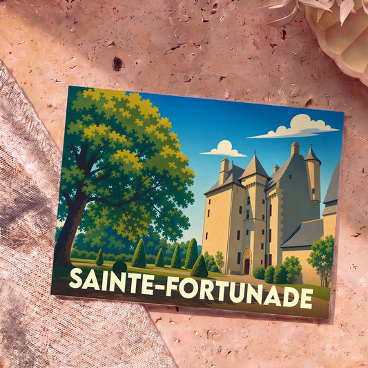 Carte postale souvenir de la ville de Sainte-Fortunade représentant son château dans un style illustré.