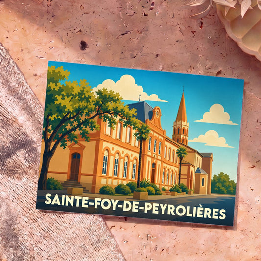 Carte postale souvenir de la ville de Sainte-Foy-de-Peyrolières avec une illustration stylisée de sa mairie et de son église.