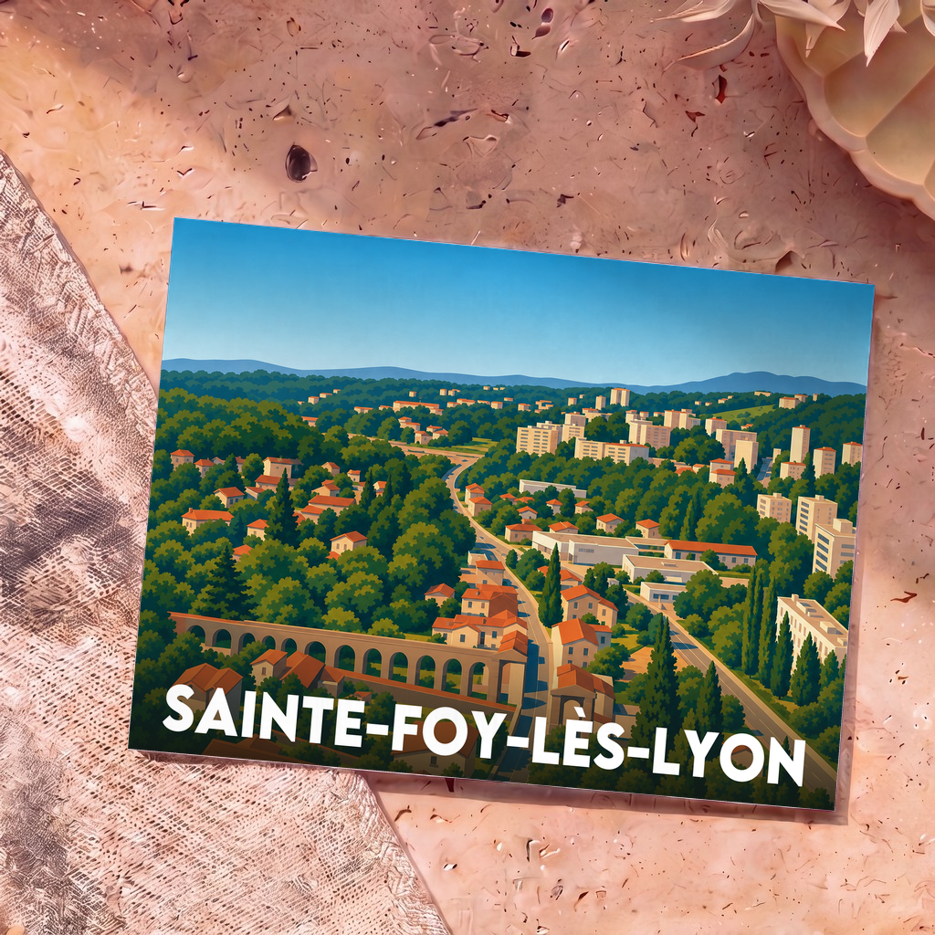 Carte postale souvenir de la ville de Sainte-Foy-lès-Lyon avec une illustration panoramique stylisée.