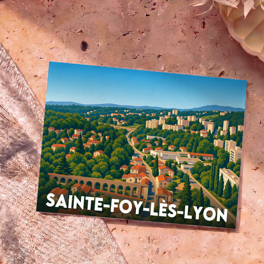 Carte postale souvenir de la ville de Sainte-Foy-lès-Lyon avec une illustration panoramique stylisée.