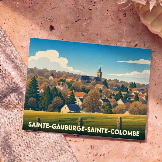 Carte postale souvenir de la ville de Sainte-Gauburge-Sainte-Colombe avec une illustration stylisée d'un village normand.