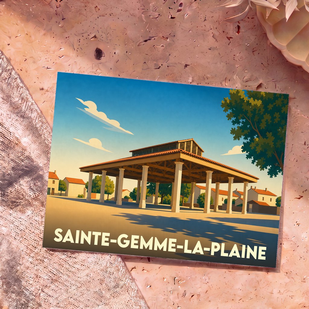 Carte postale souvenir de la ville de Sainte-Gemme-la-Plaine avec une illustration stylisée de ses halles.