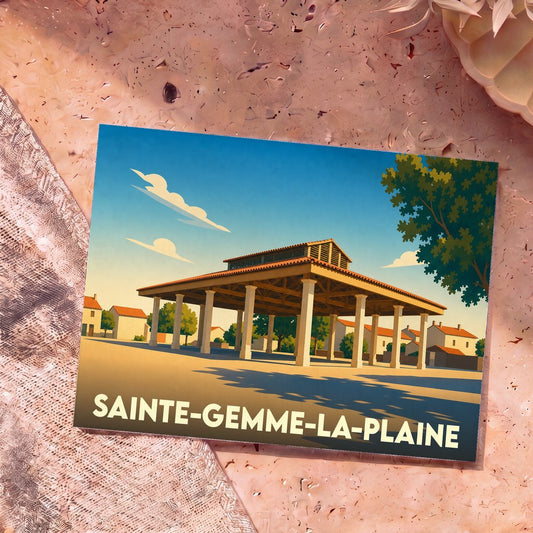 Carte postale souvenir de la ville de Sainte-Gemme-la-Plaine avec une illustration stylisée de ses halles.