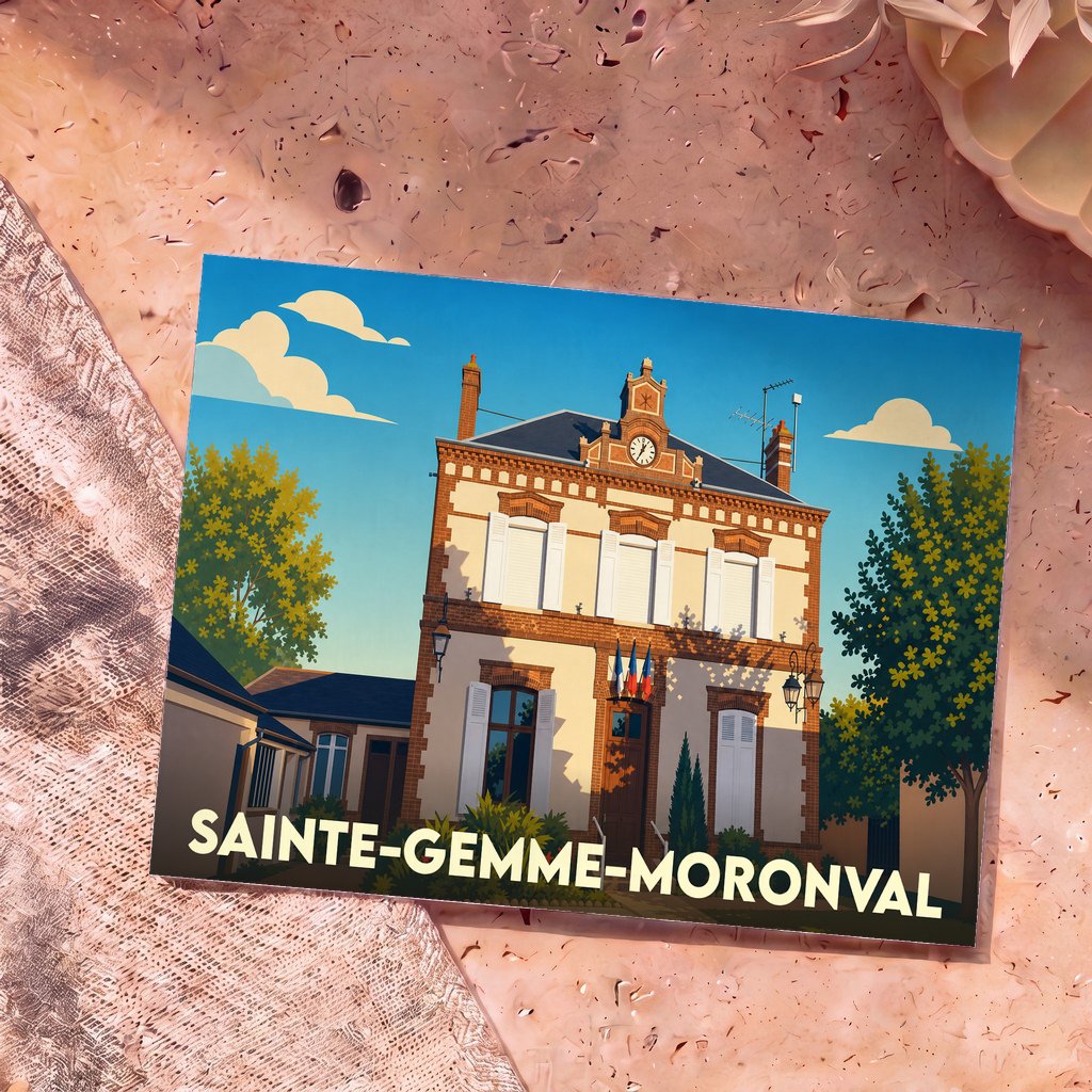 Carte postale souvenir de la ville de Sainte-Gemme-Moronval avec une illustration stylisée de sa mairie.