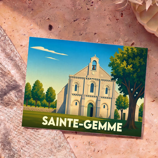 Carte postale souvenir de la ville de Sainte-Gemme illustrant son église romane dans un style graphique épuré.