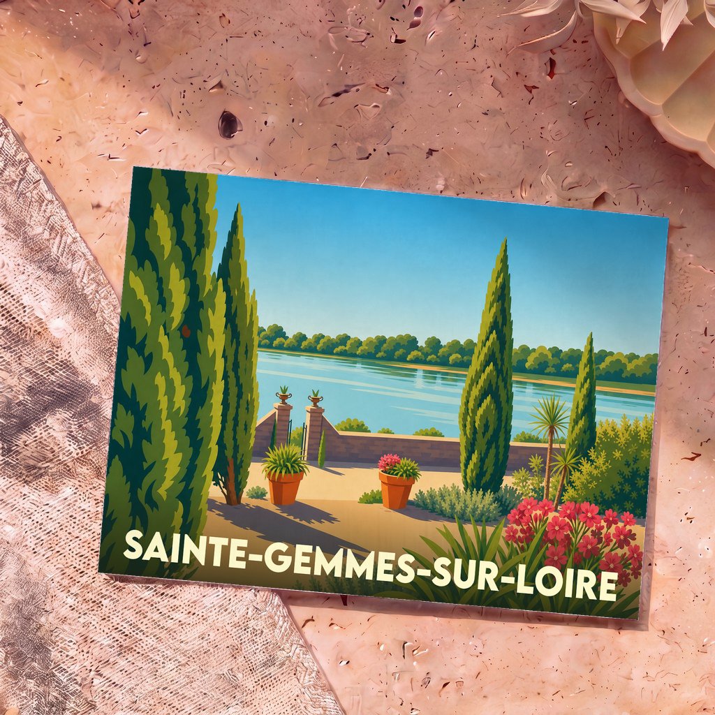 Carte postale souvenir de la ville de Sainte-Gemmes-sur-Loire représentant un jardin fleuri en bordure de fleuve.