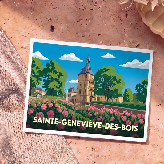 Carte postale souvenir de la ville de Sainte-Geneviève-des-Bois illustrant son château et ses jardins fleuris dans un style vintage.