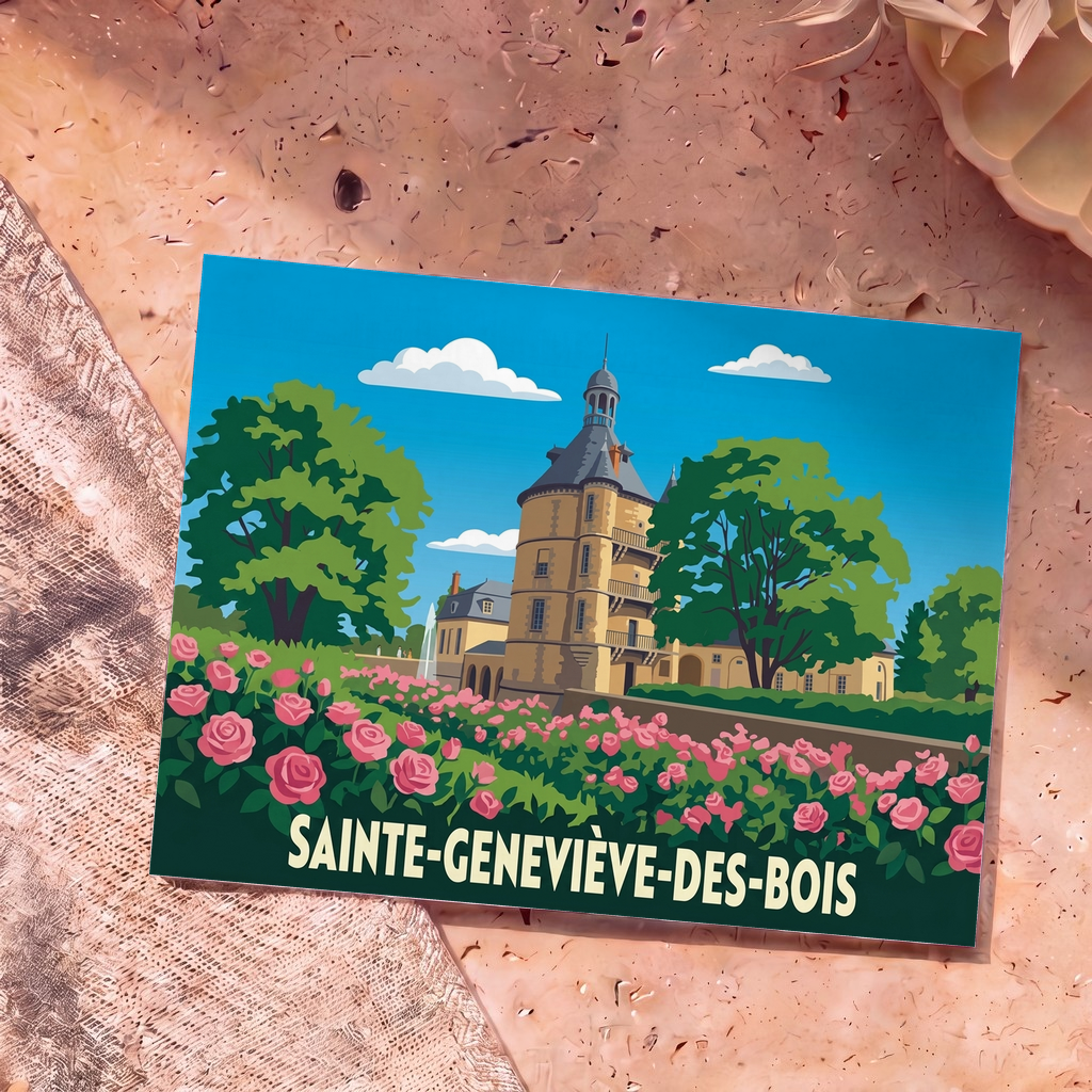 Carte postale souvenir de la ville de Sainte-Geneviève-des-Bois illustrant son château et ses jardins fleuris dans un style vintage.
