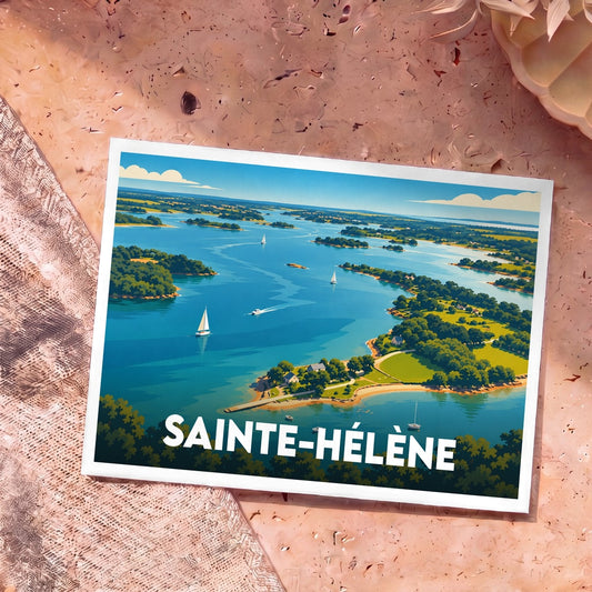 Carte postale souvenir de Sainte-Hélène illustrant une vue aérienne stylisée de la ria d'Étel avec des voiliers.
