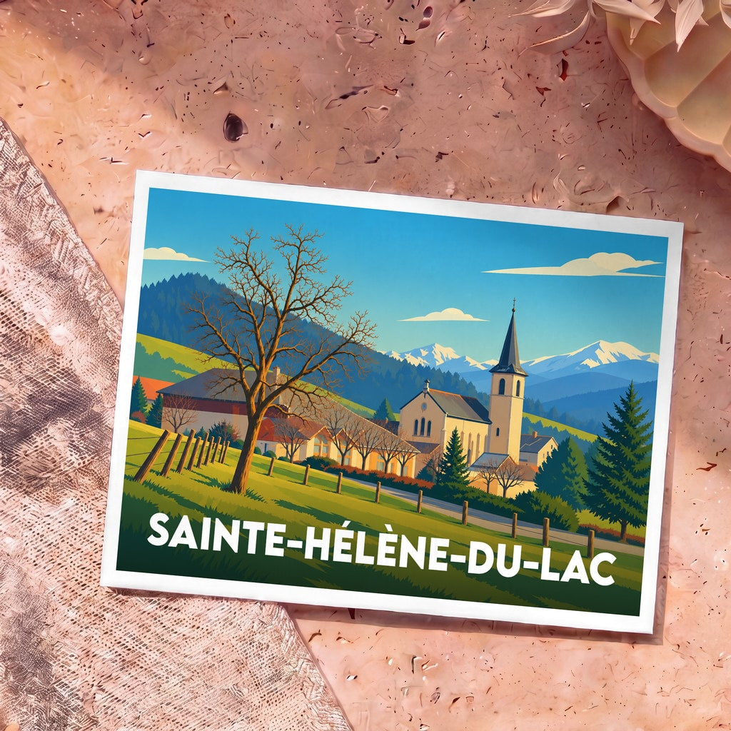Carte postale souvenir de la ville de Sainte-Hélène-du-Lac avec une illustration stylisée d'un village de montagne.