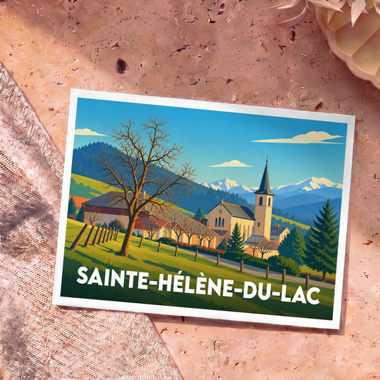 Carte postale souvenir de la ville de Sainte-Hélène-du-Lac avec une illustration stylisée d'un village de montagne.