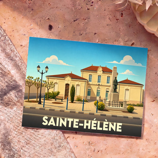 Carte postale souvenir de la ville de Sainte-Hélène avec une illustration stylisée de sa mairie et de son monument aux morts.